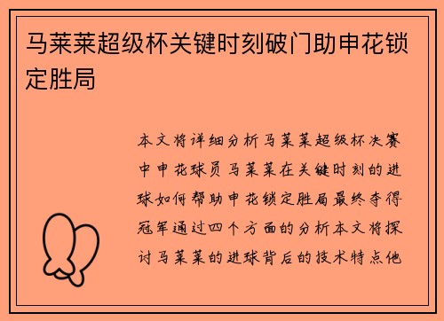 马莱莱超级杯关键时刻破门助申花锁定胜局 马莱莱超级杯关键时刻破门助申花锁定胜局
