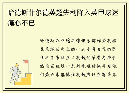 哈德斯菲尔德英超失利降入英甲球迷痛心不已